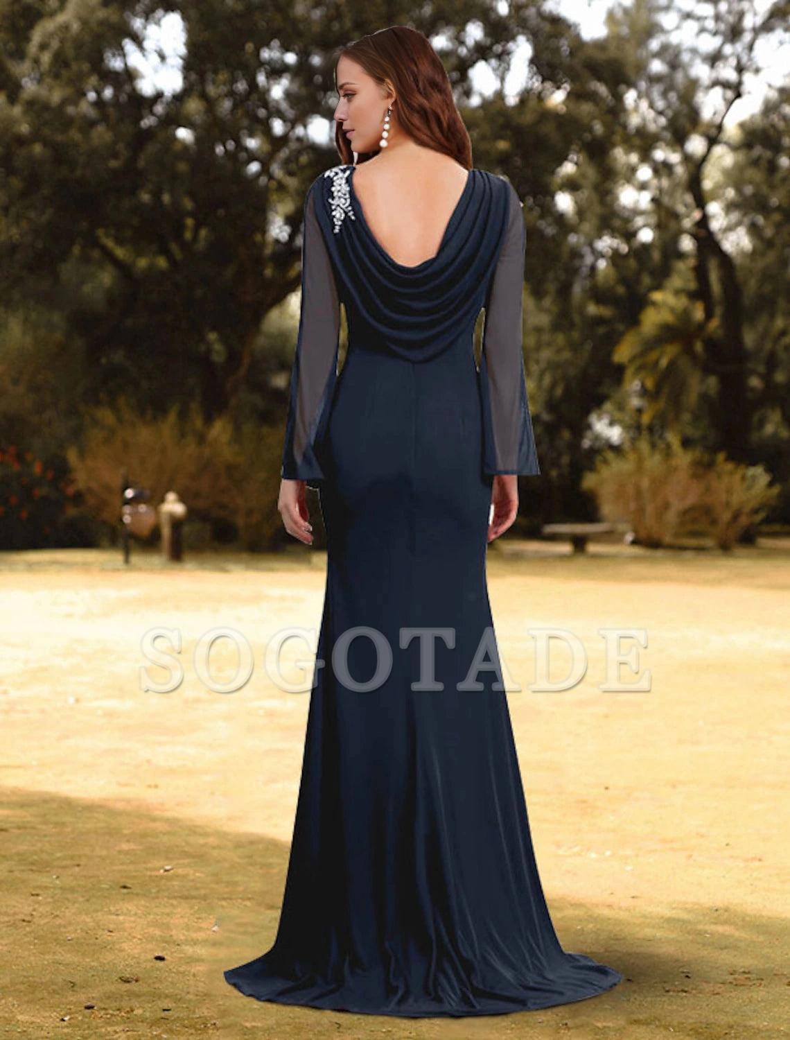 Sheath / Column Evening Gown Empire Dress Wedding Guest Formal Evening Sweep / Brush Train Long Sleeve Jewel Neck Chiffon with Sash / Ribbon Pure Color Shouder Flower