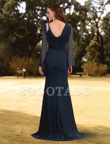 Sheath / Column Evening Gown Empire Dress Wedding Guest Formal Evening Sweep / Brush Train Long Sleeve Jewel Neck Chiffon with Sash / Ribbon Pure Color Shouder Flower