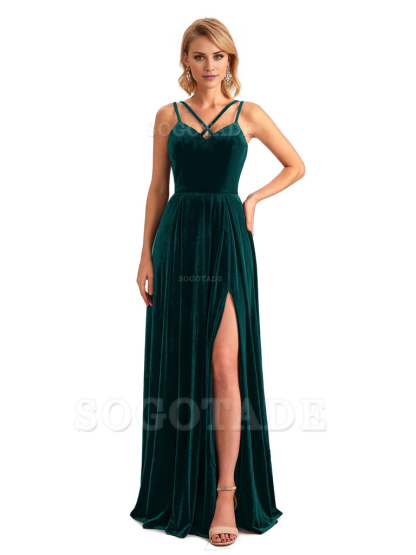 Sexy Side Slit Spaghetti Straps Unique Velvet Long Bridesmaid Dresses Online