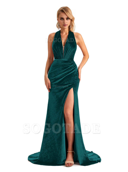 Sexy Deep V Neck Backless Mermaid Halter Side Slit Velvet Long Bridesmaid Dresses Online