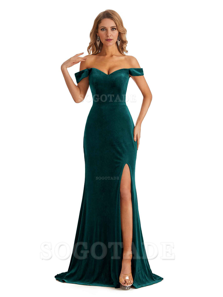 Elegant Simple Mermaid Off The Shoulder Backless Side Slit Velvet Long Charming Bridesmaid Dresses Formal Women's Dresses Wedding Guests Dresses