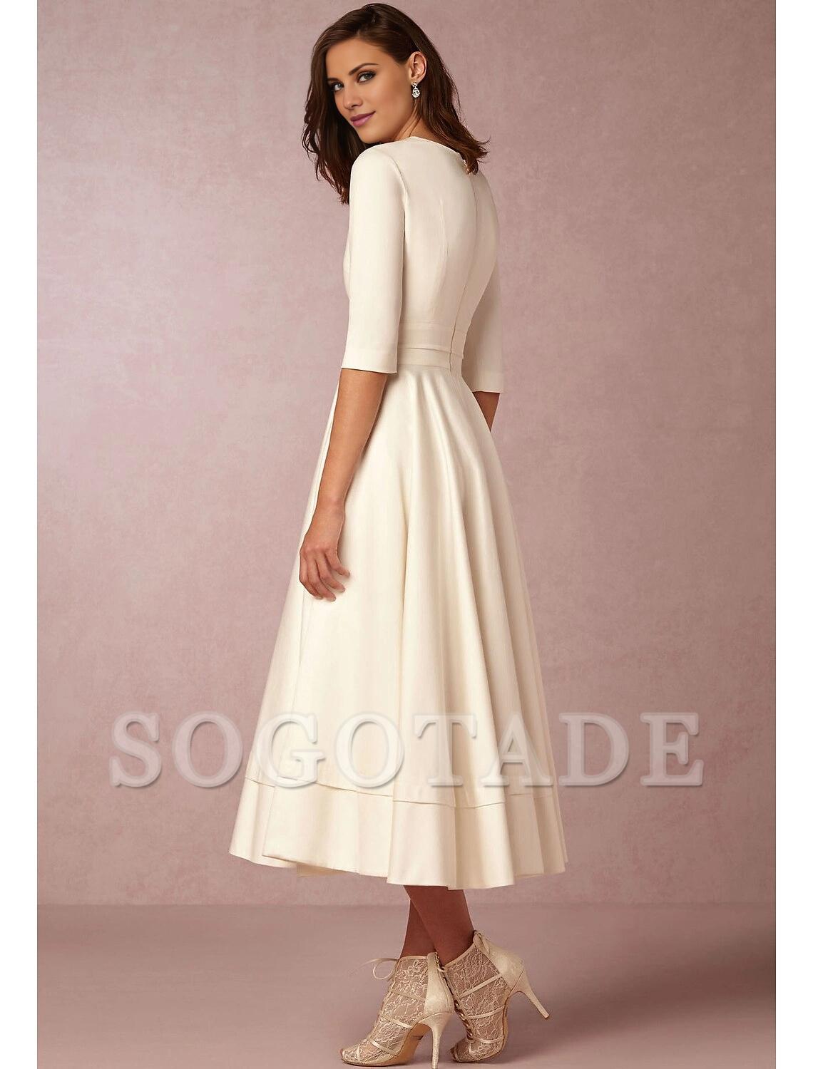 A-Line Special Occasion Dresses Party Dress Holiday Wedding Guest Tea Length Half Sleeve V Neck Pocket Jersey with Pleats White & Ivory ship in 48 hours