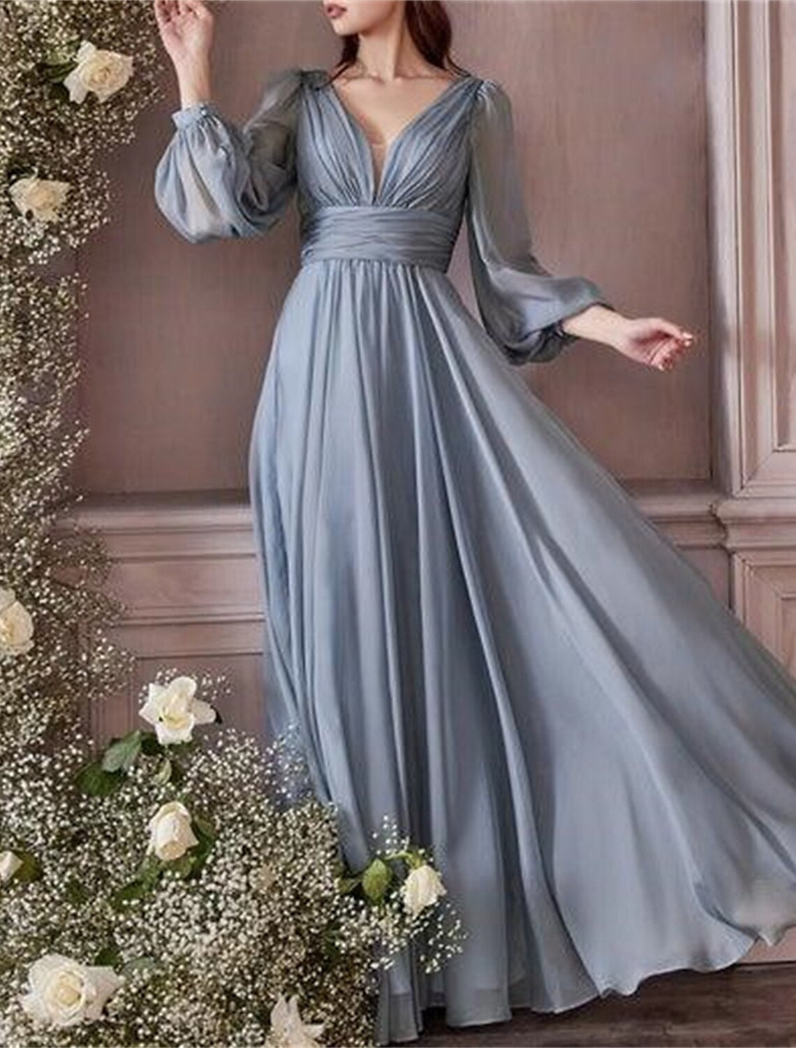 A-Line Bridesmaid Dress V Neck Long Sleeve Blue Floor Length Chiffon with Ruching / Solid Color-SOGOTADE