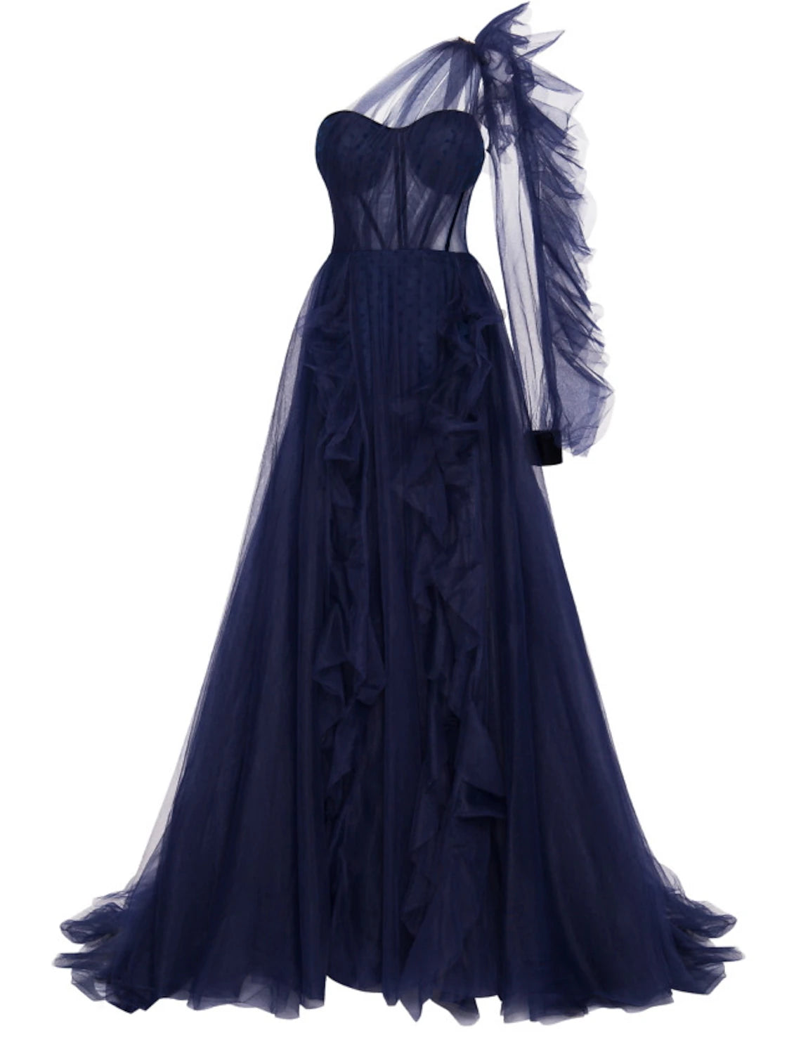 A-Line Evening Gown Corsets Dress Wedding Guest Engagement Court Train Long Sleeve One Shoulder Wednesday Addams Family Tulle with Ruffles Slit-SOGOTADE