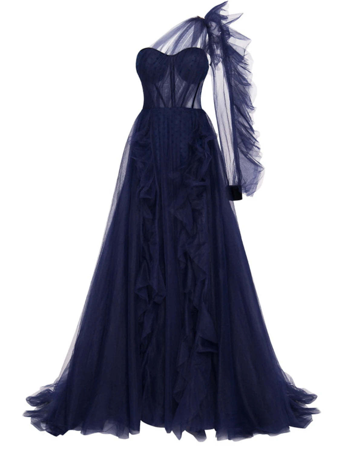 A-Line Evening Gown Corsets Dress Wedding Guest Engagement Court Train Long Sleeve One Shoulder Wednesday Addams Family Tulle with Ruffles Slit-SOGOTADE