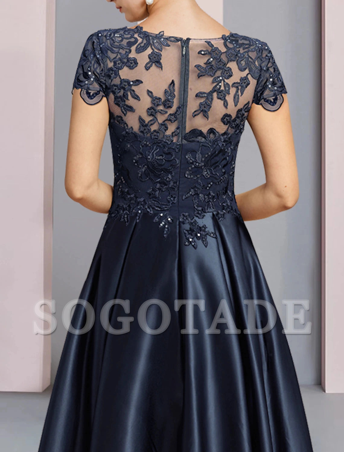A-Line Mother of the Bride Dress Formal Wedding Guest Party Elegant High Low Scoop Neck Asymmetrical Tea Length Satin Lace Half Sleeve with Sequin Appliques-SOGOTADE