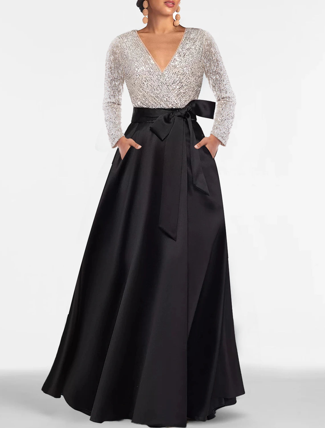 A-Line Evening Gown Black Dress Plus Size Color Block Dress Formal Floor Length Long Sleeve V Neck Fall Wedding Guest Satin with Sequin Pocket 2024-SOGOTADE