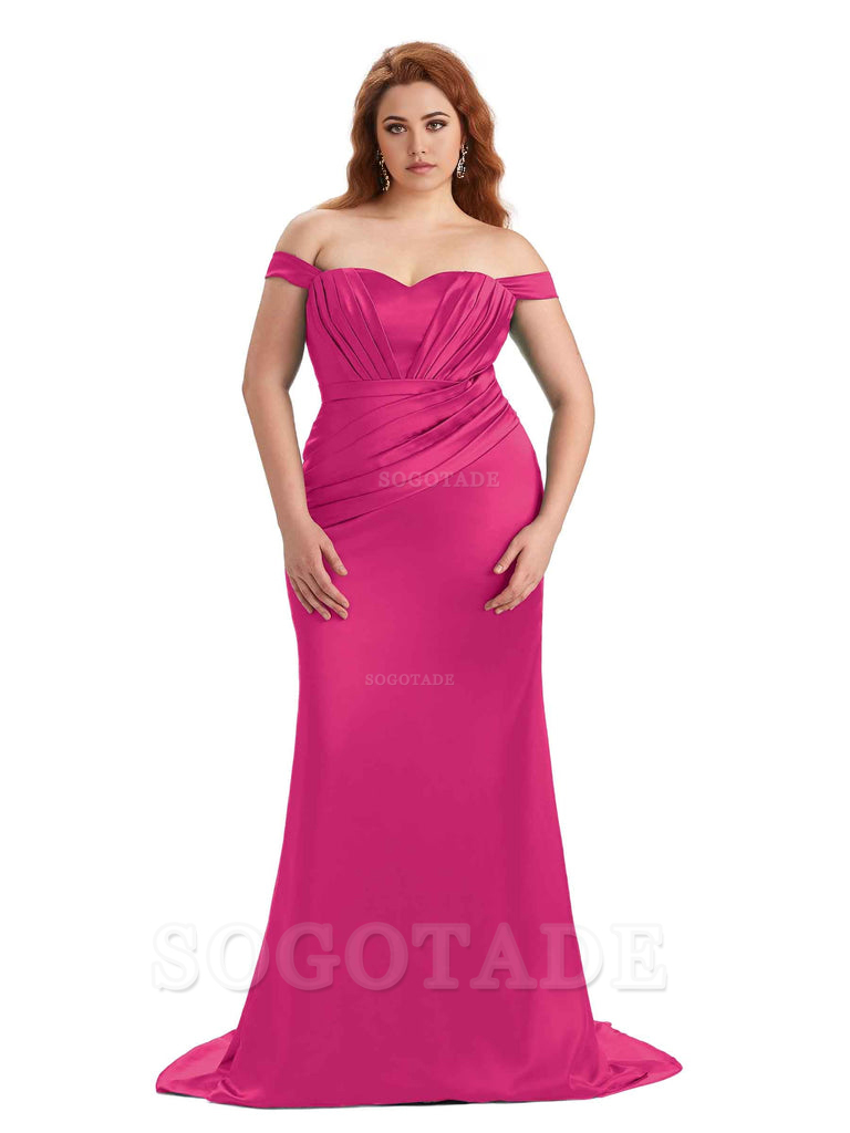Sexy Mermaid Off The Shoulder Sweetheart Soft Satin Floor Length Long Plus Size Maid of Honor Dresses