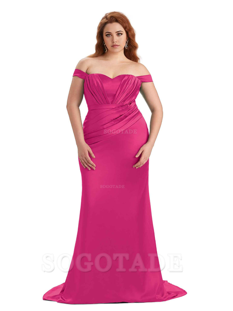 Sexy Mermaid Off The Shoulder Sweetheart Soft Satin Floor Length Long Plus Size Maid of Honor Dresses