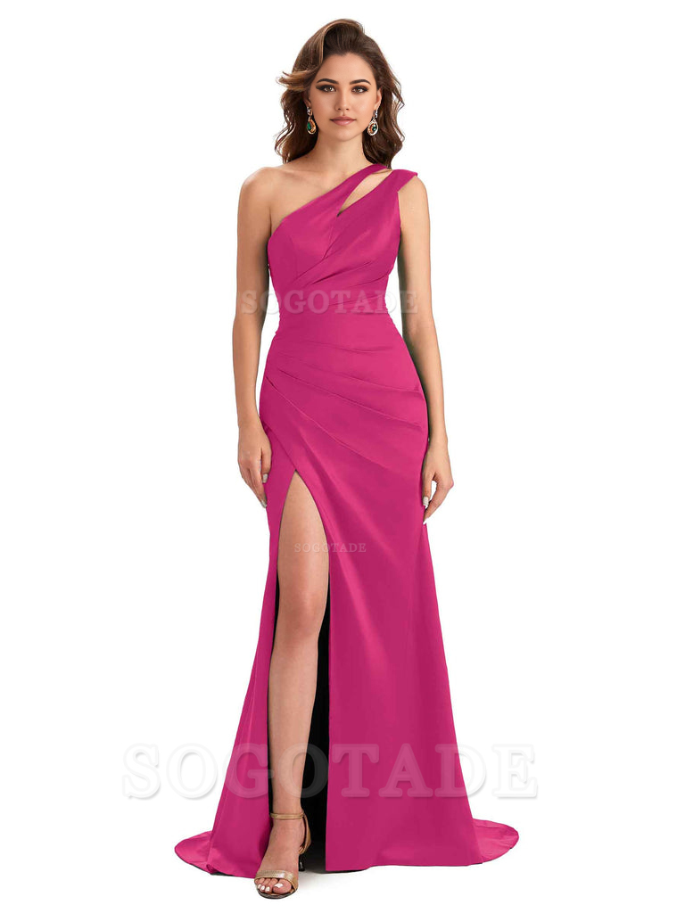 Mermaid One Shoulder Satin Sexy formal dresses evening gown Bridesmaid Dresses With Side Slit 