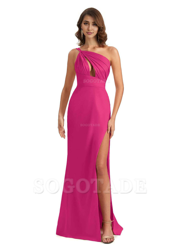 Sexy One Shoulder Silky Satin Unique Long Ladies Bridesmaid Dress For Wedding