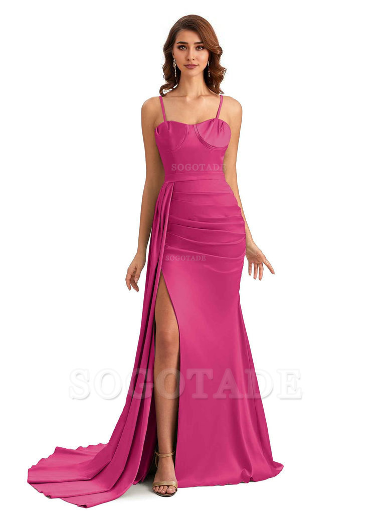 Sexy Spaghetti Straps Side Slit Mermaid Unique Long Bridesmaid Dresses In Satin