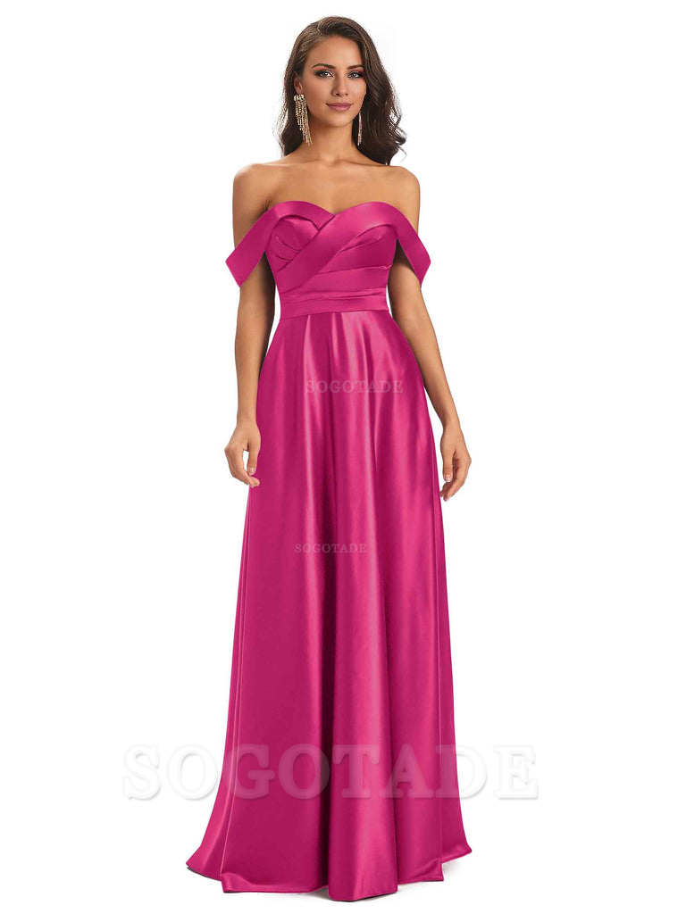 Sexy Soft Satin Off The Shoulder A-Line Long Bridesmaid Dresses Elegant Evening Party Dress