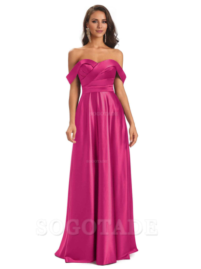 Sexy Soft Satin Off The Shoulder A-Line Long Bridesmaid Dresses Elegant Evening Party Dress