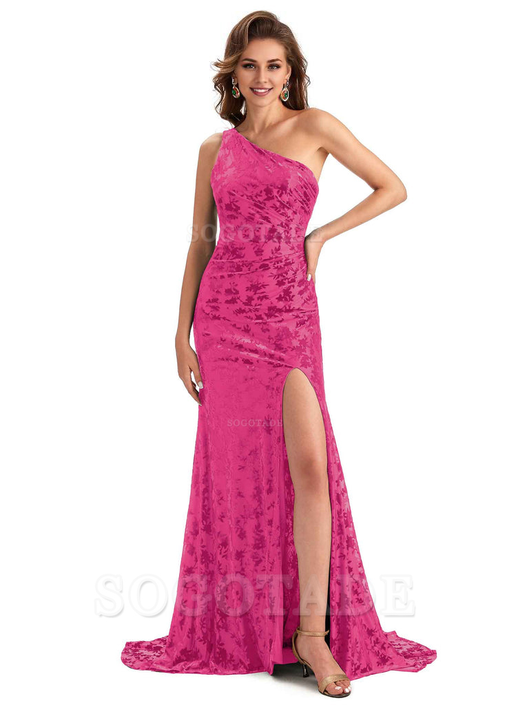 Sexy Side Slit One Shoulder Mermaid Floral Velvet Long Modern Bridesma