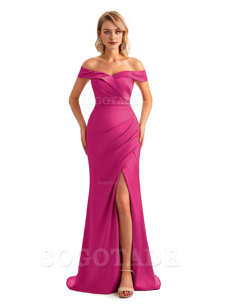 Off Shoulder Side Slit Mermaid Silky Satin Unique Long Formal Wedding Guest Dresses Online