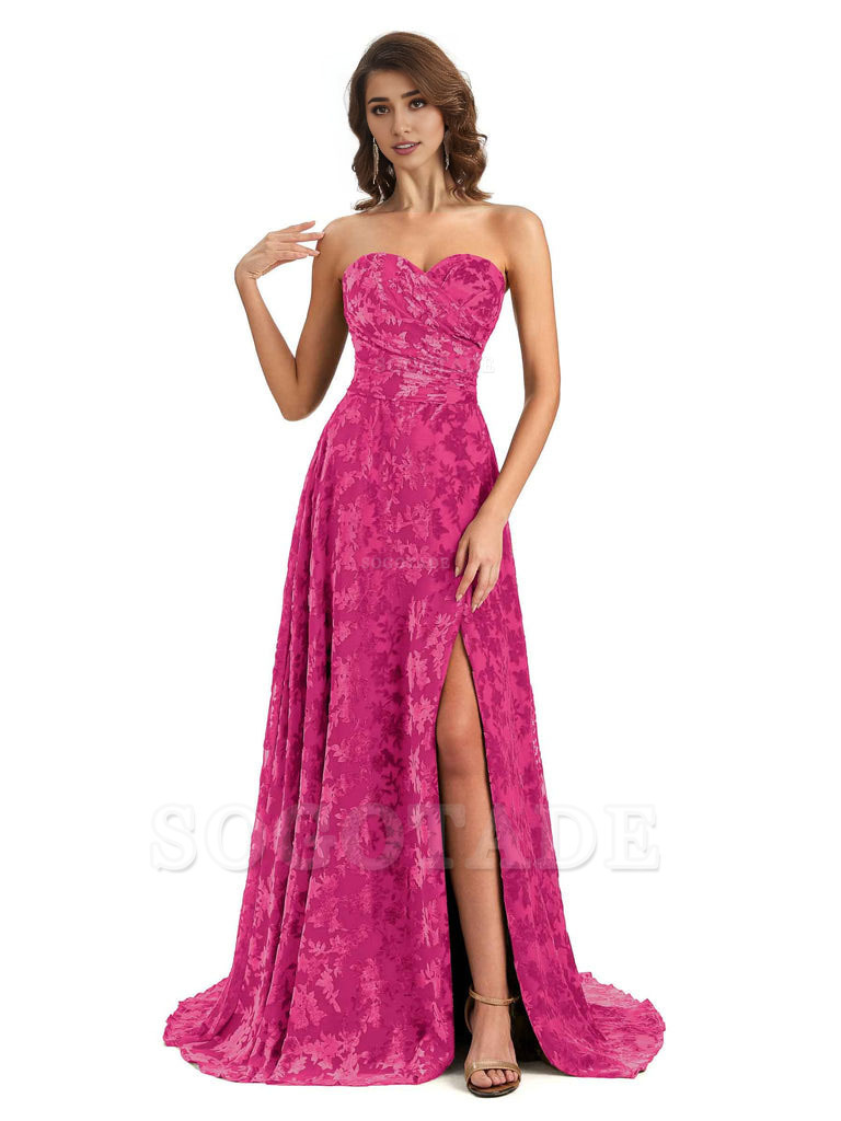 Sexy Side Slit Strapless Floral Velvet Sweetheart Long Bridesmaid Dresses