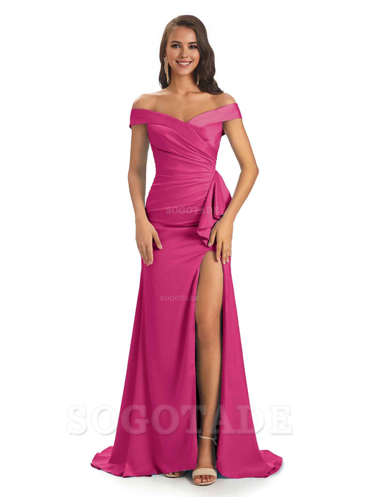 Sexy Soft Satin Side Slit Off The Shoulder Maxi Long Mermaid Bridesmaid Dresses prom shop dresses