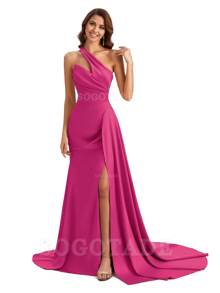 Mermaid One shoulder Satin formal dresses evening gown Bridesmaid Dresses With Side Slit 