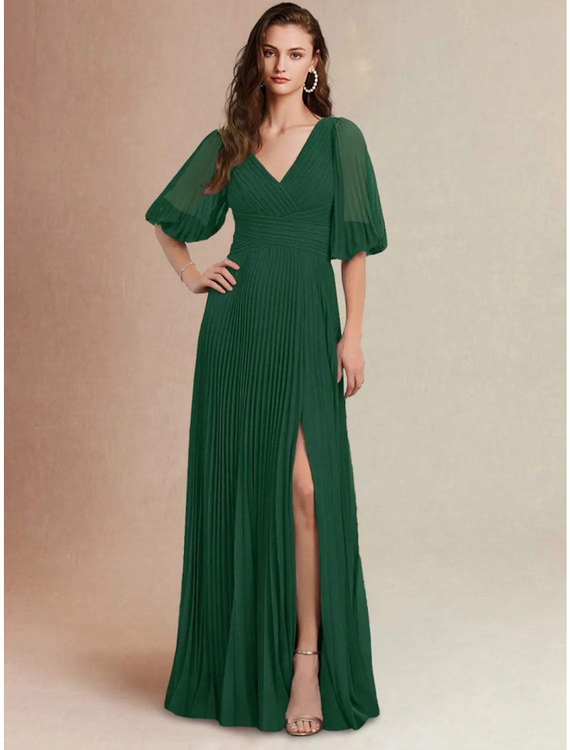 A-Line Bridesmaid Dress V Neck Half Sleeve Elegant Floor Length Chiffon with Split Front / Ruching-SOGOTADE