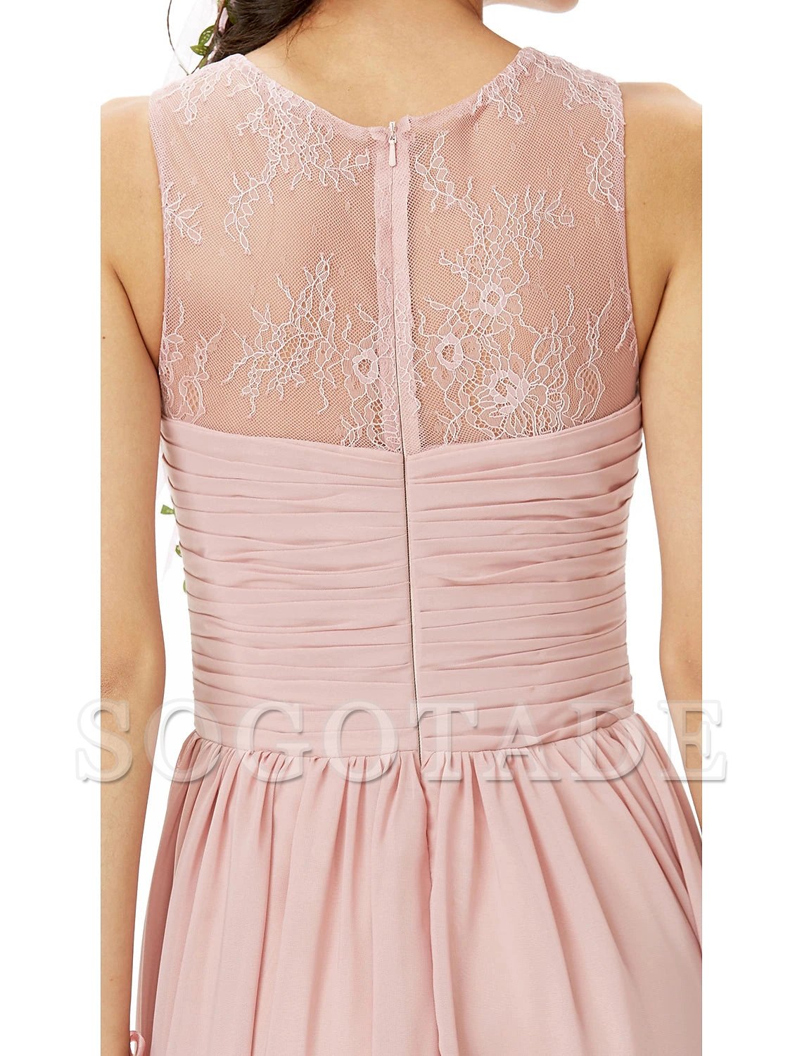 A-Line Bridesmaid Dress Jewel Neck Sleeveless See Through Floor Length Chiffon / Lace with Lace / Criss Cross / Pleats-SOGOTADE