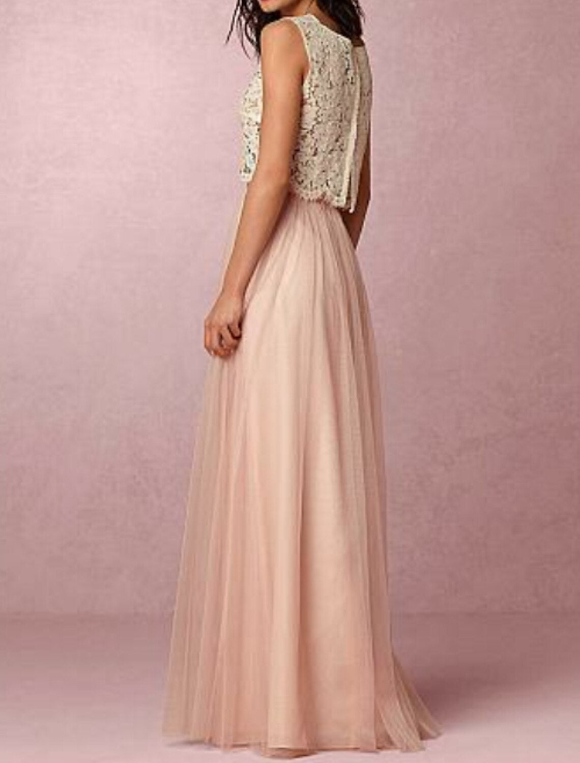 A-Line Bridesmaid Dress Jewel Neck Sleeveless Two Piece Floor Length Chiffon / Lace with Pleats-SOGOTADE