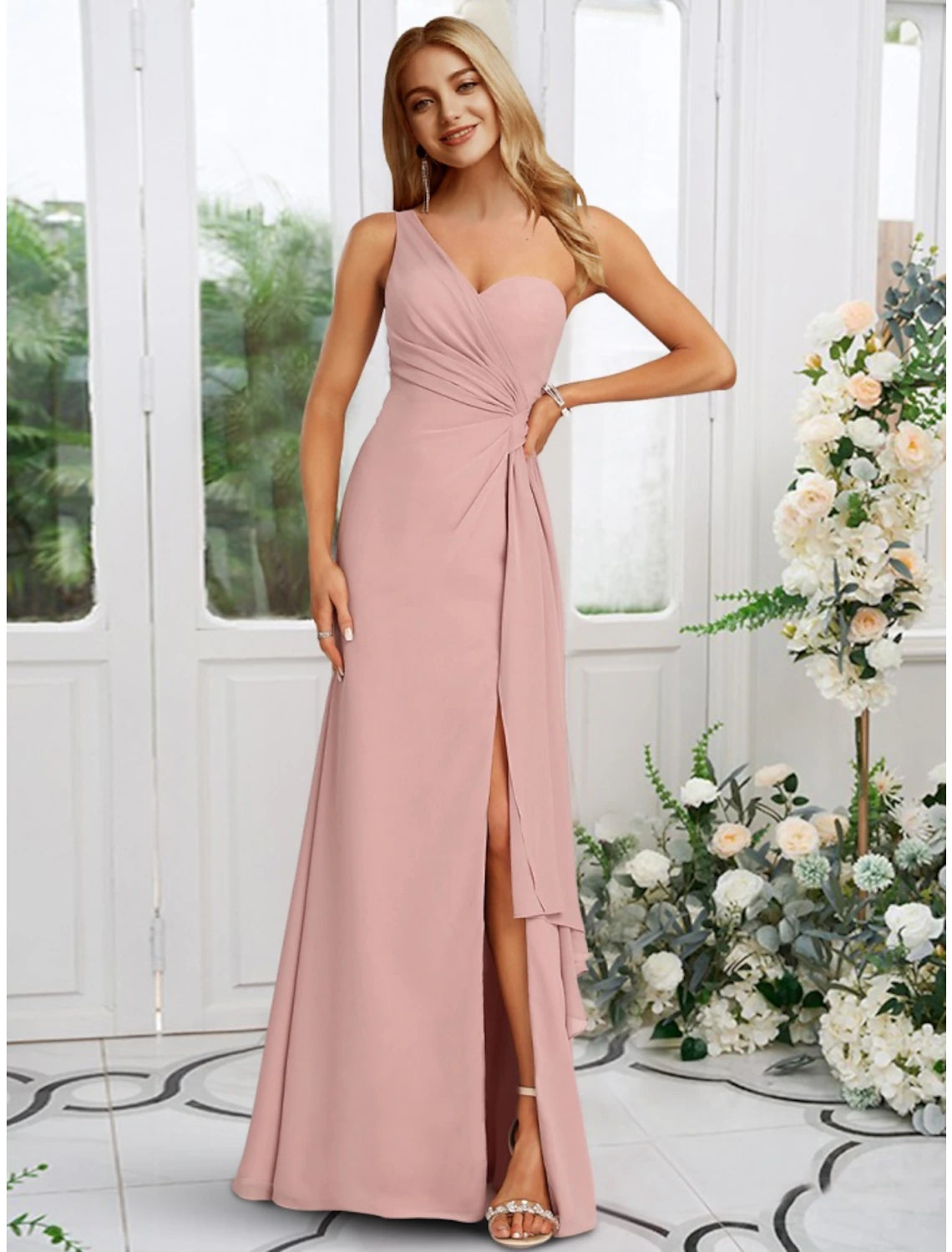 A-Line Bridesmaid Dress One Shoulder Sleeveless Elegant Floor Length Chiffon with Split Front / Ruching-SOGOTADE