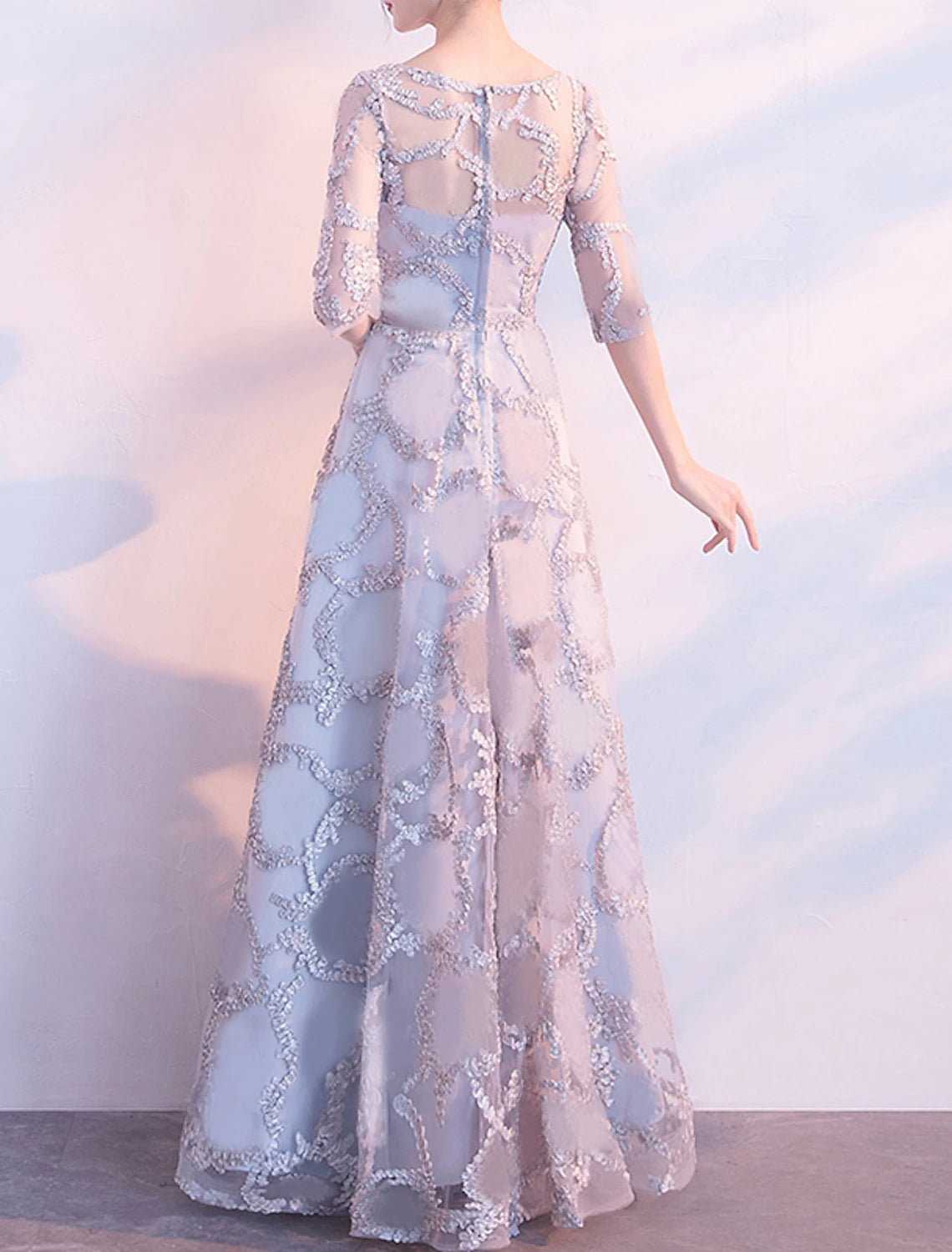 A-Line Minimalist Elegant Prom Formal Evening Dress Jewel Neck Half Sleeve Floor Length Tulle with Pleats Appliques-SOGOTADE