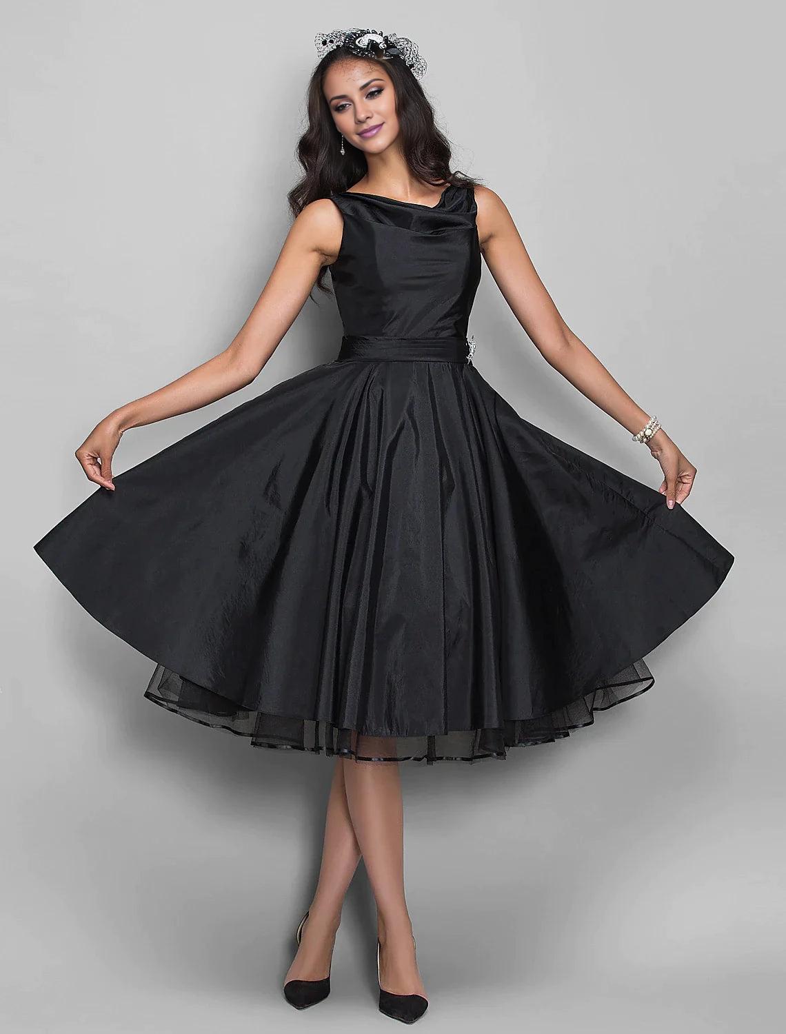 A-Line Cocktail Black Dress Vintage Dress Halloween Wedding Guest Knee Length Sleeveless V Neck Taffeta with Pleats Crystals-SOGOTADE