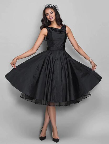A-Line Cocktail Black Dress Vintage Dress Halloween Wedding Guest Knee Length Sleeveless V Neck Taffeta with Pleats Crystals-SOGOTADE