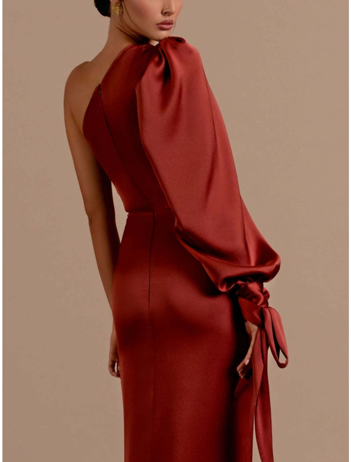 A-Line Evening Gown Elegant Dress Formal Sweep / Brush Christmas Red Green Dress Train Long Sleeve One Shoulder Satin with Feather Ruched Strappy 2024-SOGOTADE