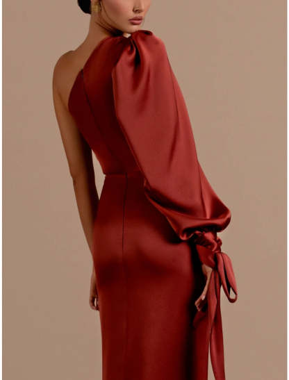 A-Line Evening Gown Elegant Dress Formal Sweep / Brush Christmas Red Green Dress Train Long Sleeve One Shoulder Satin with Feather Ruched Strappy 2024-SOGOTADE