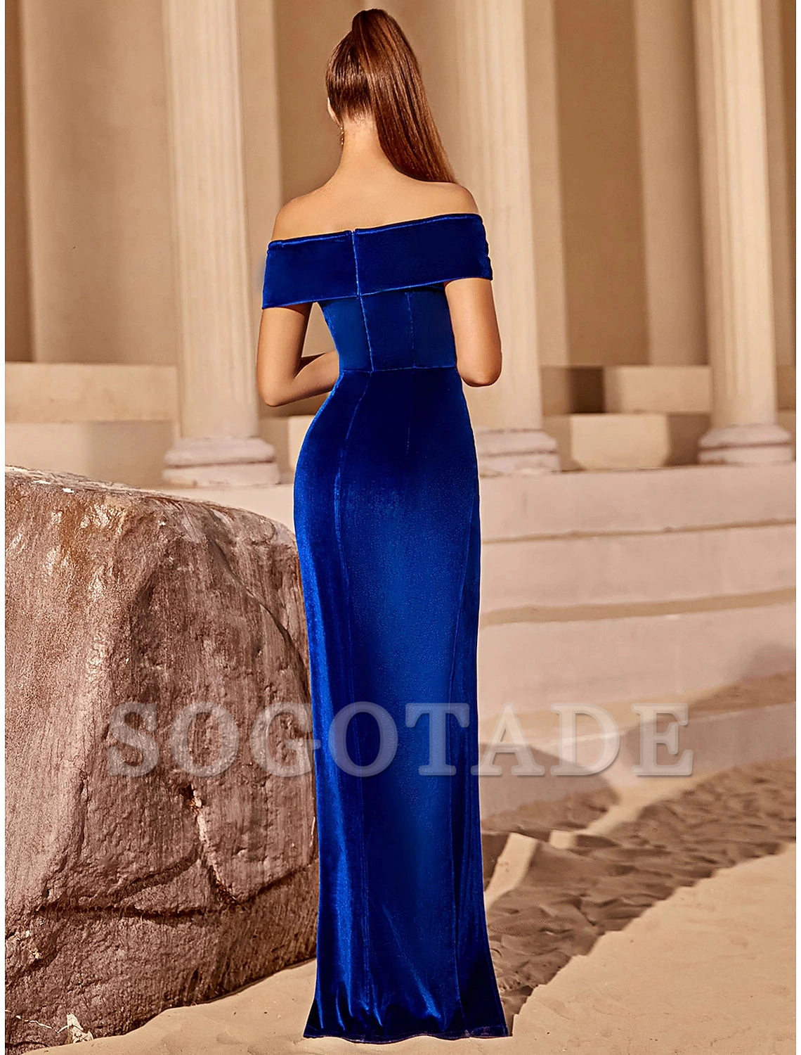 Blue Sheath / Column Party Dresses Elegant Dress Party Wear Floor Length Short Sleeve Off Shoulder Velvet with Ruched Slit
