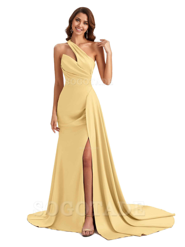 Mermaid One shoulder Satin formal dresses evening gown Bridesmaid Dresses With Side Slit 