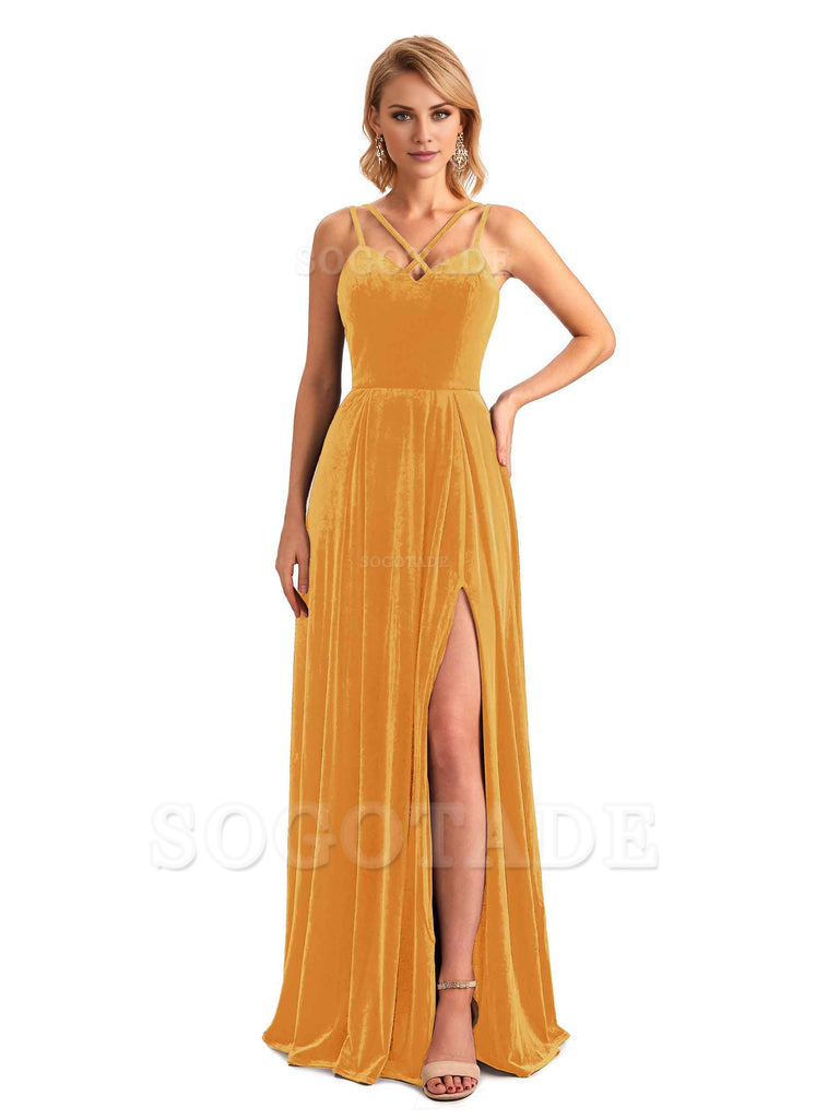 Sexy Side Slit Spaghetti Straps Unique Velvet Long Bridesmaid Dresses Online