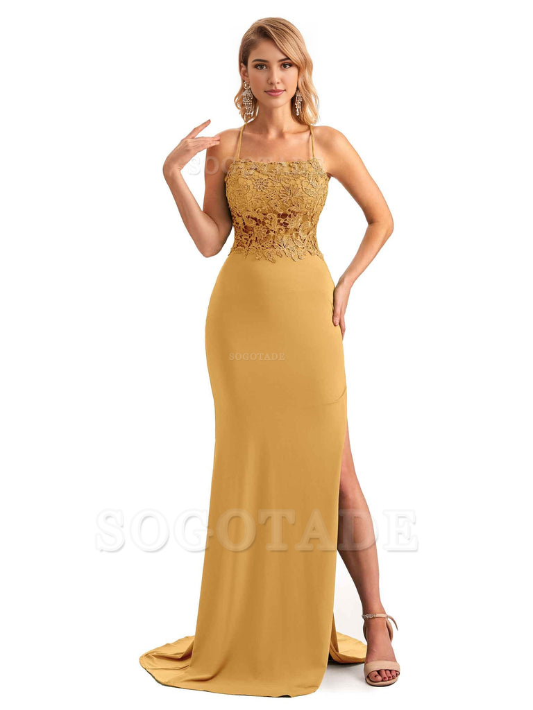 Sexy Side Slit Spaghetti Straps Open Back Mermaid Lace Applique Long Formal Bridesmaid Dresses