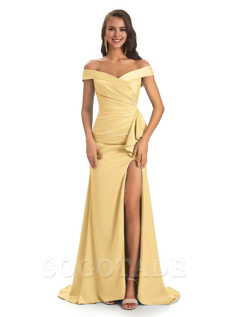 Sexy Soft Satin Side Slit Off The Shoulder Maxi Long Mermaid Bridesmaid Dresses prom shop dresses