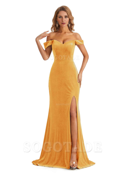 Elegant Simple Mermaid Off The Shoulder Backless Side Slit Velvet Long Charming Bridesmaid Dresses Formal Women's Dresses Wedding Guests Dresses