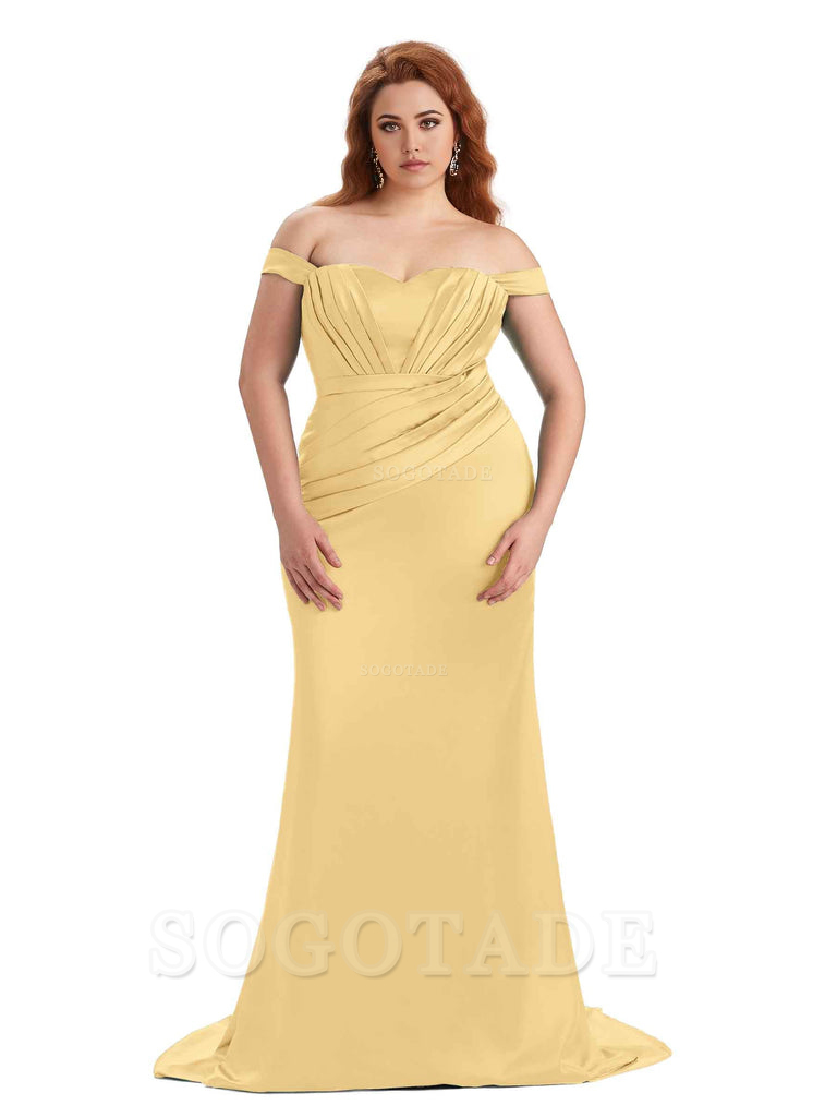 Sexy Mermaid Off The Shoulder Sweetheart Soft Satin Floor Length Long Plus Size Maid of Honor Dresses