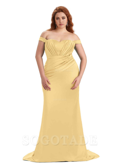 Sexy Mermaid Off The Shoulder Sweetheart Soft Satin Floor Length Long Plus Size Maid of Honor Dresses