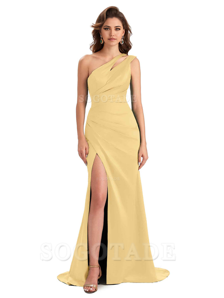 Mermaid One Shoulder Satin Sexy formal dresses evening gown Bridesmaid Dresses With Side Slit 