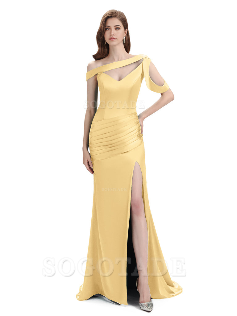 Mermaid V-Neck Satin Floor-Length formal dresses evening gown Bridesmaid Dresses With Side Slit 