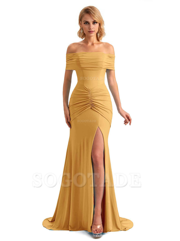 Elegant Mermaid Off The Shoulder Side Slit Stretchy Jersey Long Formal Bridesmaid Dresses