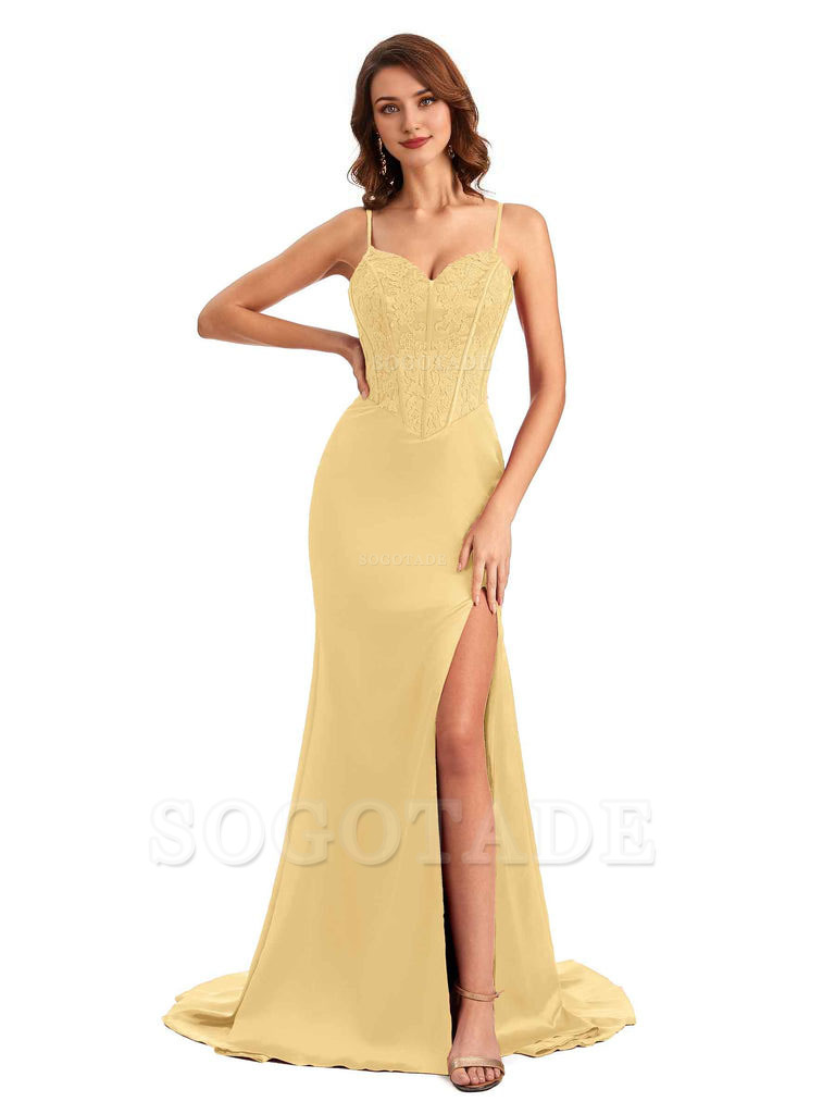 Sexy Side Slit Mermaid Silky Satin V-Neck Lace Unique Long Bridesmaid Dresses