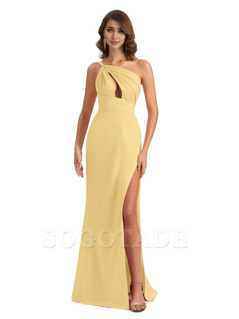 Sexy One Shoulder Silky Satin Unique Long Ladies Bridesmaid Dress For Wedding