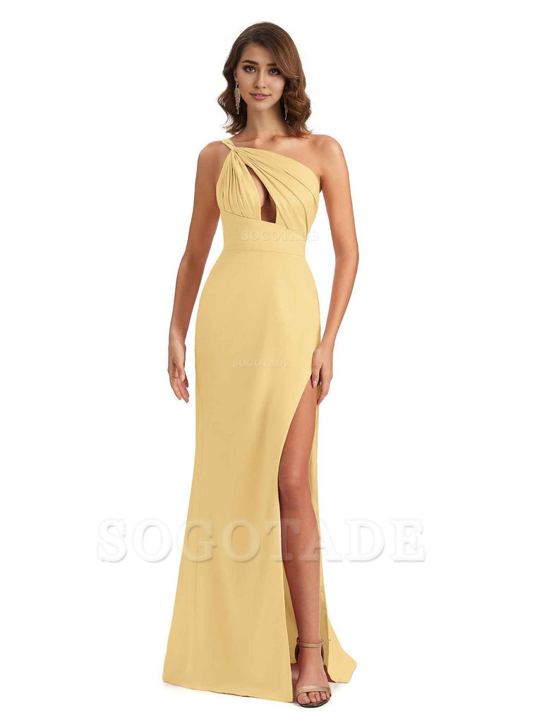 Sexy One Shoulder Silky Satin Unique Long Ladies Bridesmaid Dress For Wedding