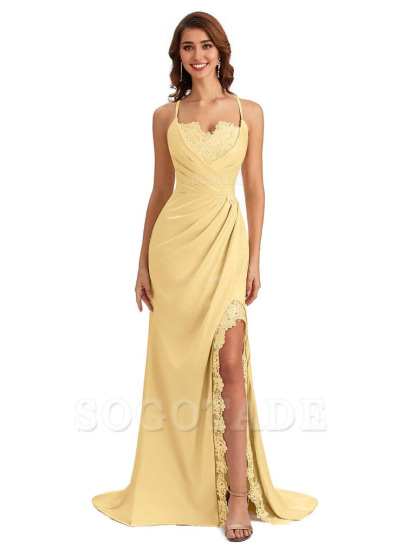 Sexy Side Slit Spaghetti Straps Lace Mermaid Silky Satin Wedding Guest Dresses