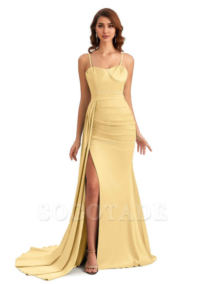 Sexy Spaghetti Straps Side Slit Mermaid Unique Long Bridesmaid Dresses In Satin