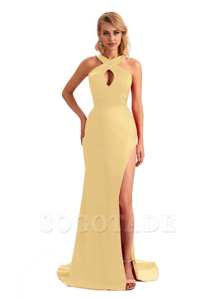 Sexy Side Slit Halter Mermaid Silky Satin Unique Long Formal Wedding Bridesmaid Dresses