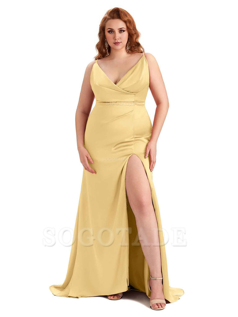 Sexy Side Slit Spaghetti Straps Mermaid Soft Satin Fashion Bridesmaid Dresses
